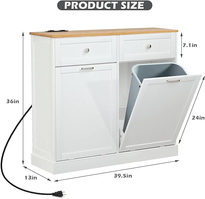 GAZHOME Double Tilt Out Trash Cabinet with charging station, Upgrade Wooden Free Standing Trash Cabinet with Outlet,Recycling Cabinet with Hideaway Drawer,20 Gallon Tilt Out Trash Cabinet (White)