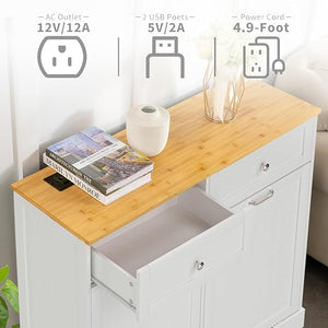 GAZHOME Double Tilt Out Trash Cabinet with charging station, Upgrade Wooden Free Standing Trash Cabinet with Outlet,Recycling Cabinet with Hideaway Drawer,20 Gallon Tilt Out Trash Cabinet (White)